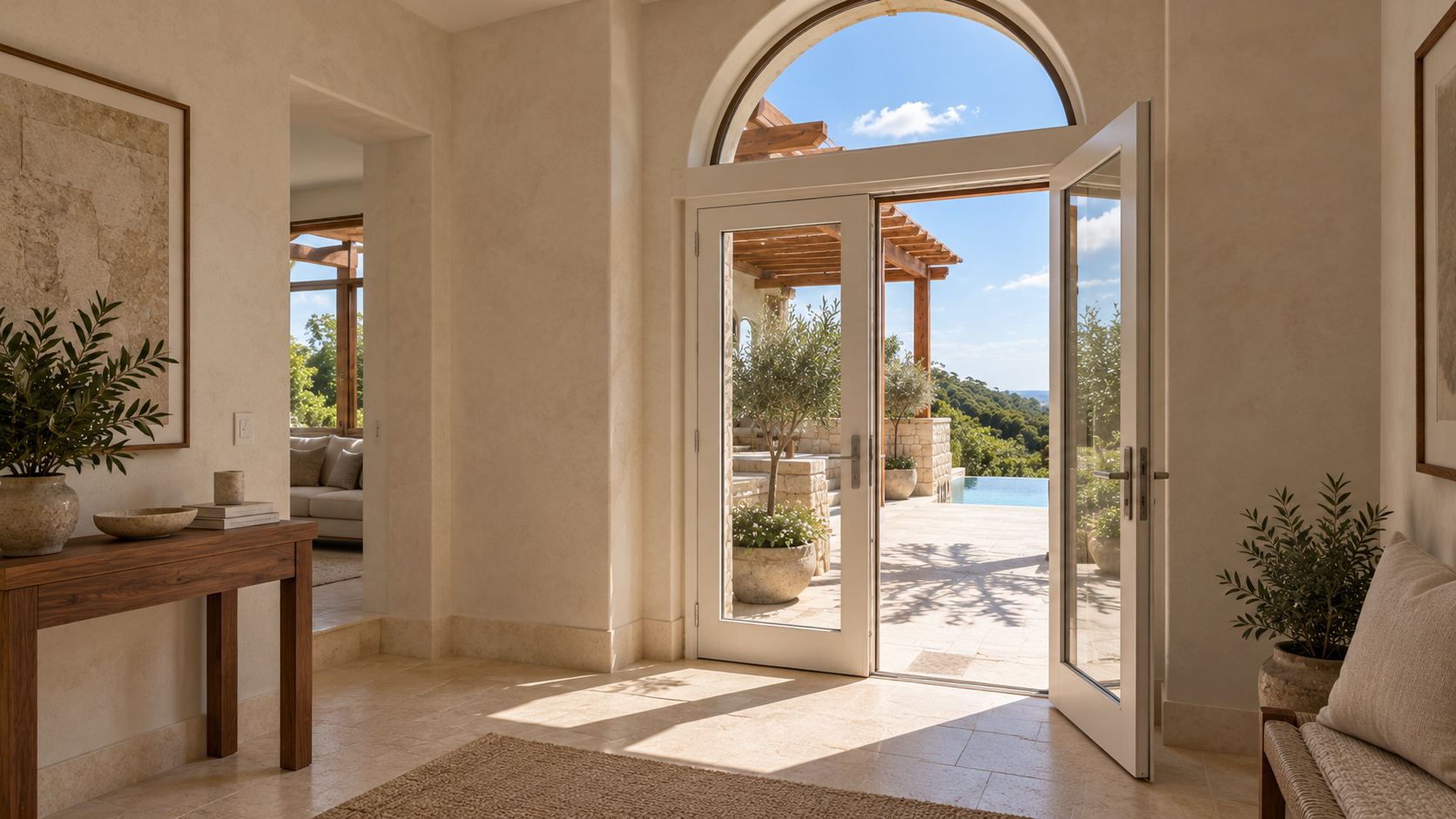 Interior com piso claro, portas envidraçadas e vista para a piscina e a serra