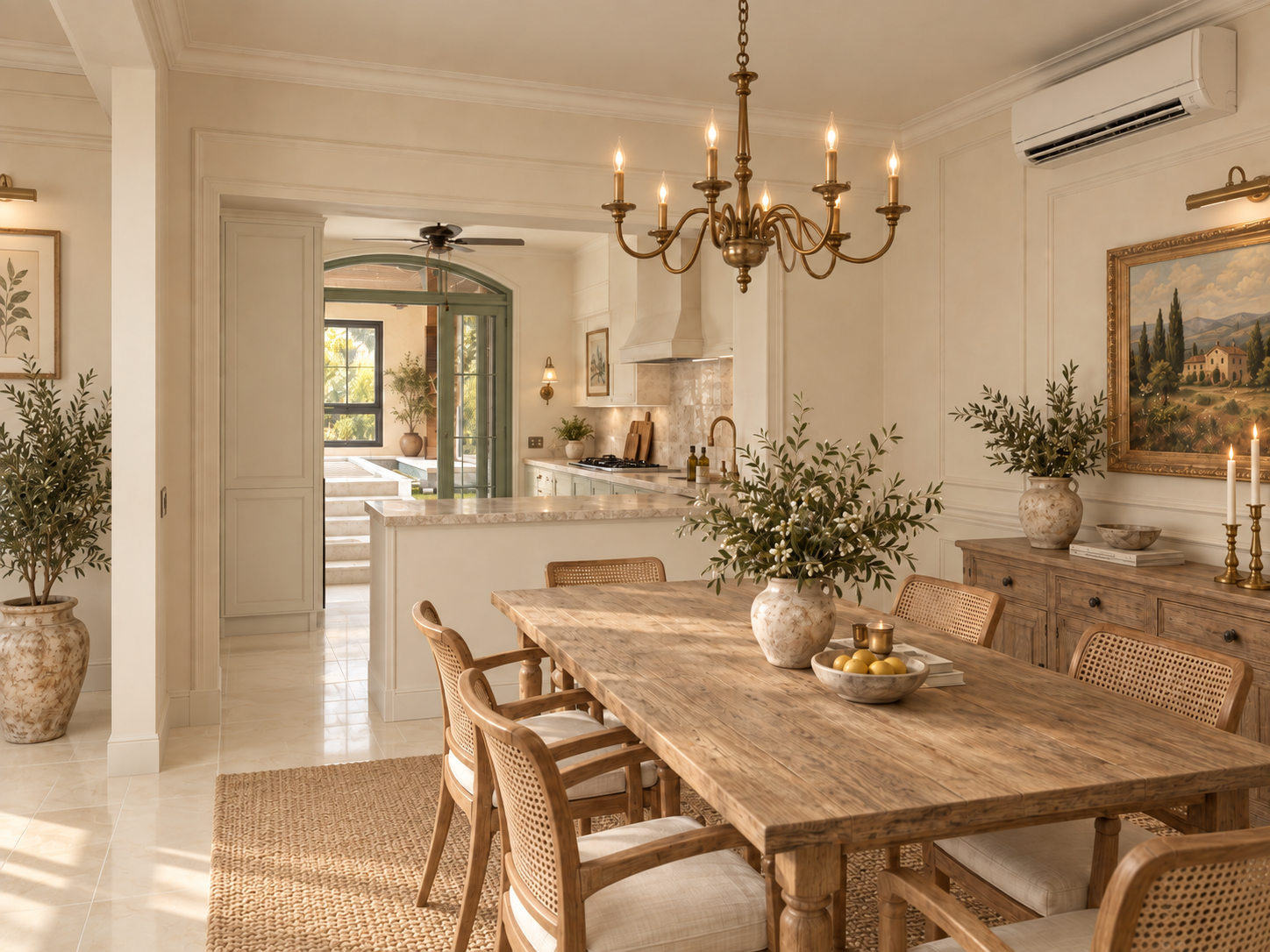Sala de jantar provençal com mesa de madeira, lustre e cozinha integrada